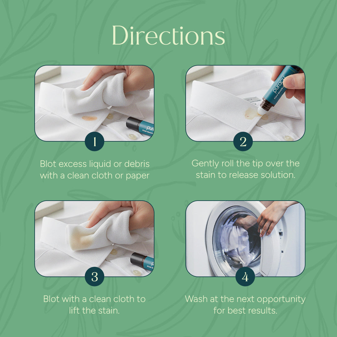 Puracy stain remover roller pen for laundry stains, with a white and blue pen tip visible on fabric in the image.