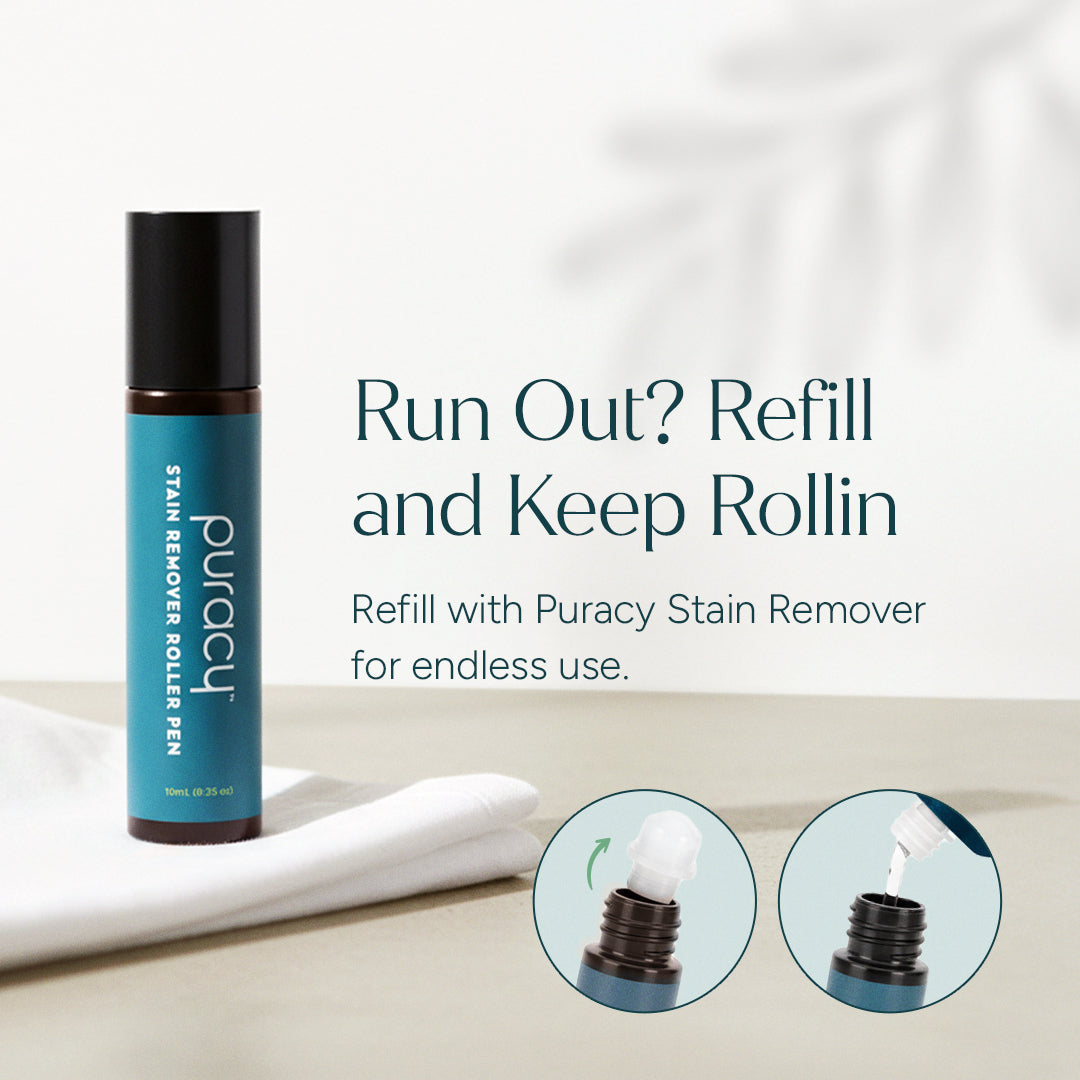 Puracy stain remover roller pen applying treatment on fabric to remove laundry stains from clothing.
