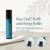 Puracy stain remover roller pen applying treatment on fabric to remove laundry stains from clothing.