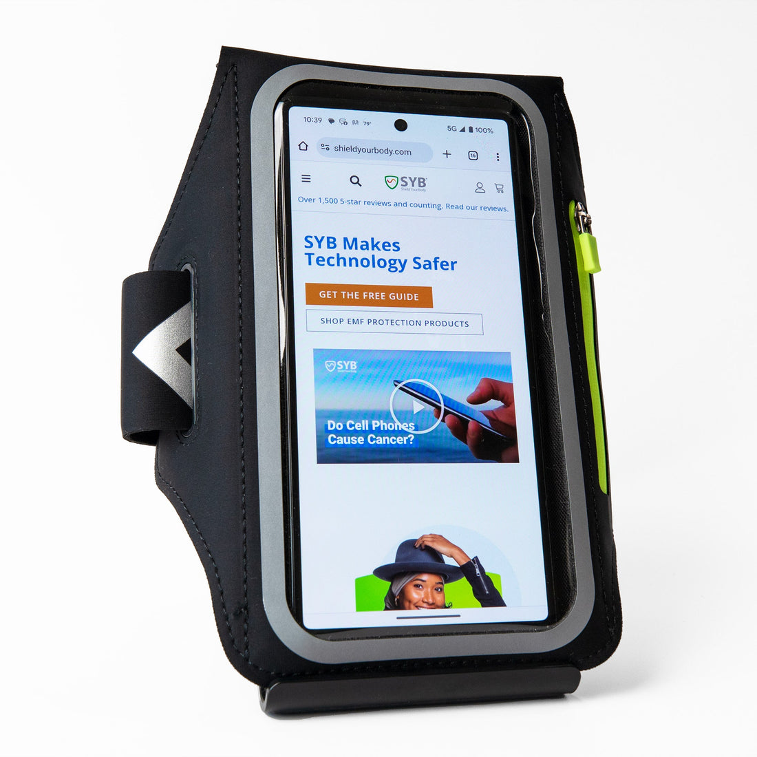 Shield Your Body arm band phone pouch for mobile phones, shown on a person&