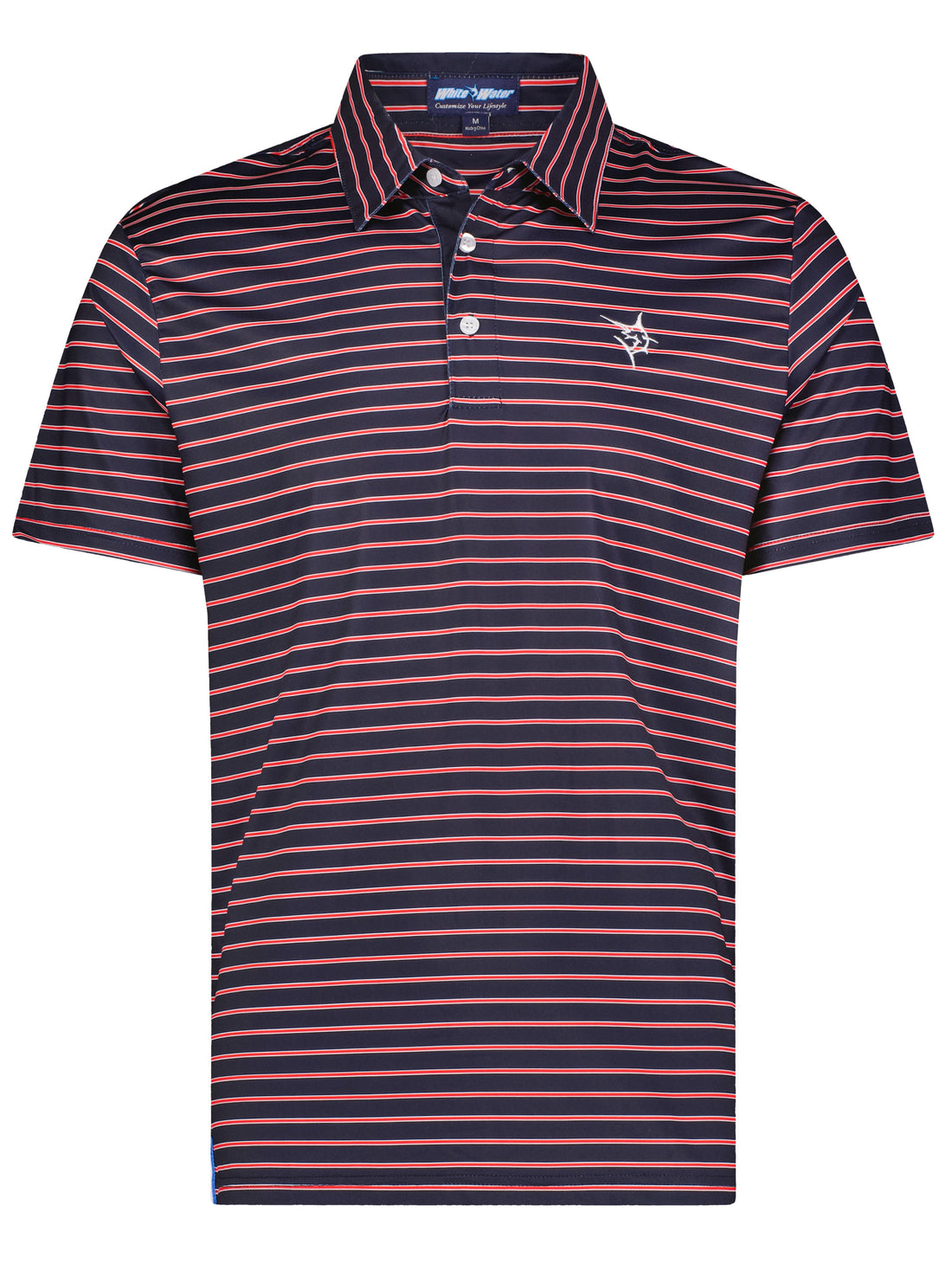 White Water Life Striper Polo in navy and red, featuring a classic polo shirt design with contrasting color accents.