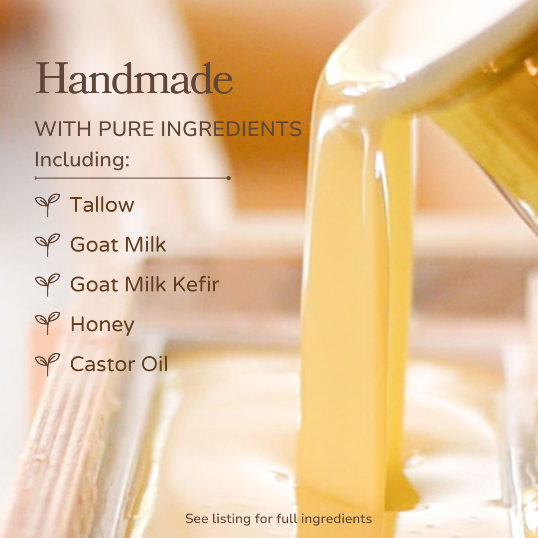 Handmade soap bar from Pretty Farm Girl featuring pure tallow, honey, goat milk, and no sulfated surfactants.