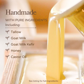 Handmade soap bar from Pretty Farm Girl featuring pure tallow, honey, goat milk, and no sulfated surfactants.