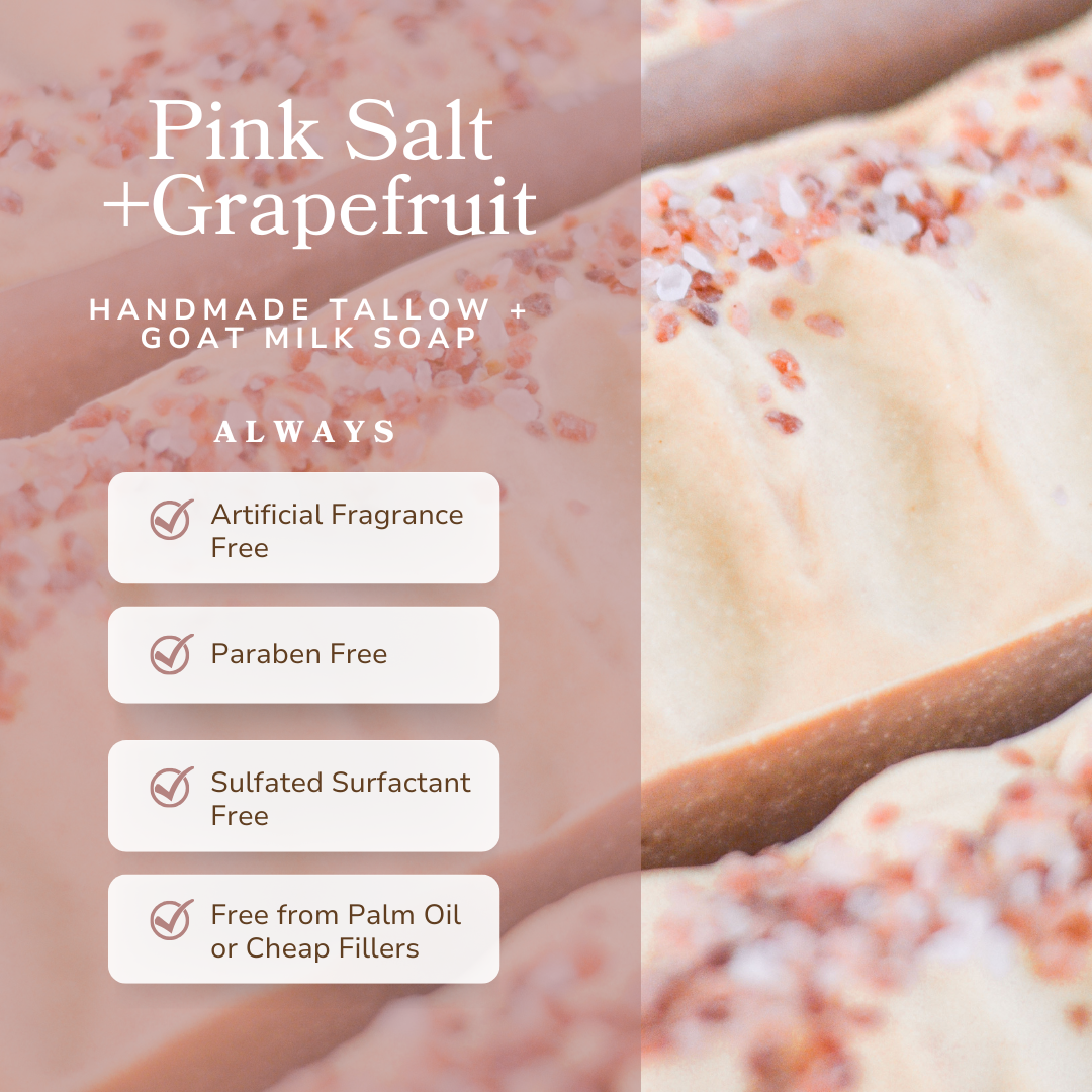 Handmade pink salt and grapefruit cleansing bar soap by Pretty Farm Girl, featuring tallow and goat milk ingredients.