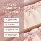 Handmade pink salt and grapefruit cleansing bar soap by Pretty Farm Girl, featuring tallow and goat milk ingredients.