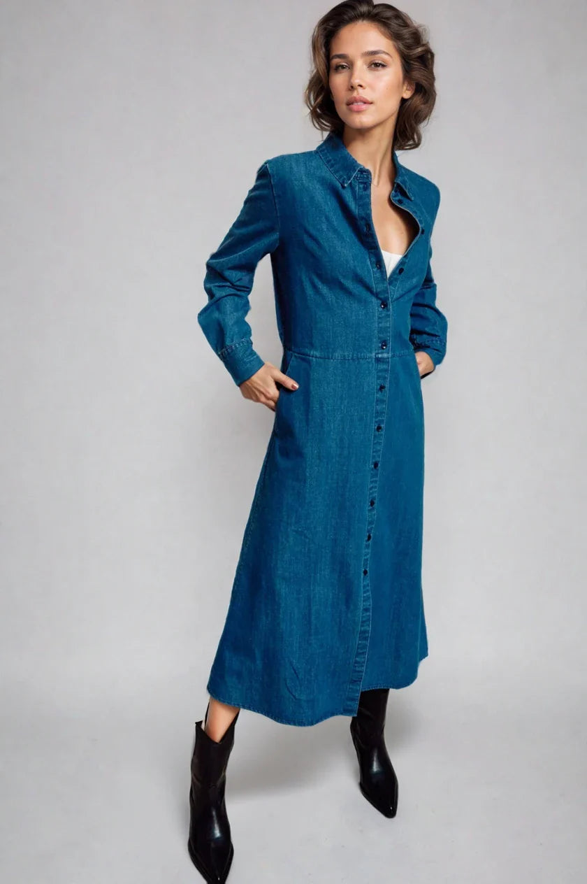 Fitkitty Culture denim shirt dress with long sleeves, button-front, and casual fit, perfect for relaxed daytime wear.