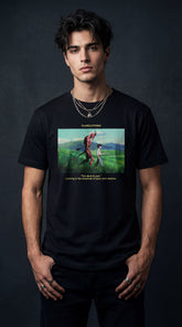 Yūjin Clothing Devil and Boy T-Shirt featuring a graphic print of a devil and a boy on black cotton fabric.