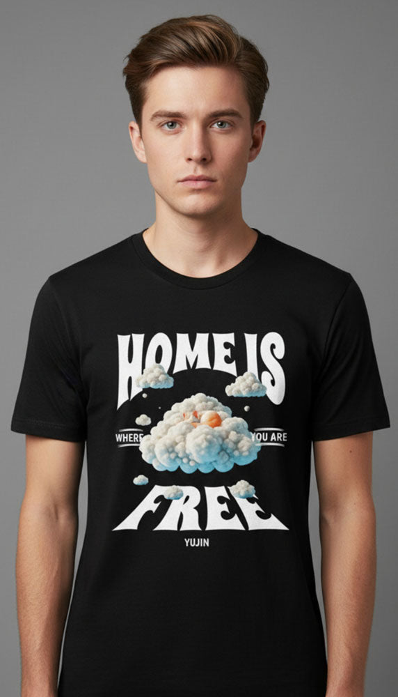 Yellow home cat T-shirt from Yūjin Clothing featuring a cozy cat design on soft cotton fabric.