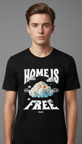 Yellow home cat T-shirt from Yūjin Clothing featuring a cozy cat design on soft cotton fabric.