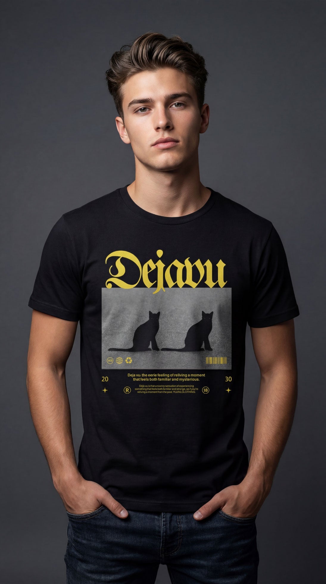 Dejavu Cat T-Shirt by Yūjin Clothing featuring a stylish cat graphic on a comfortable crew neck tee.