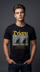 Dejavu Cat T-Shirt by Yūjin Clothing featuring a stylish cat graphic on a comfortable crew neck tee.