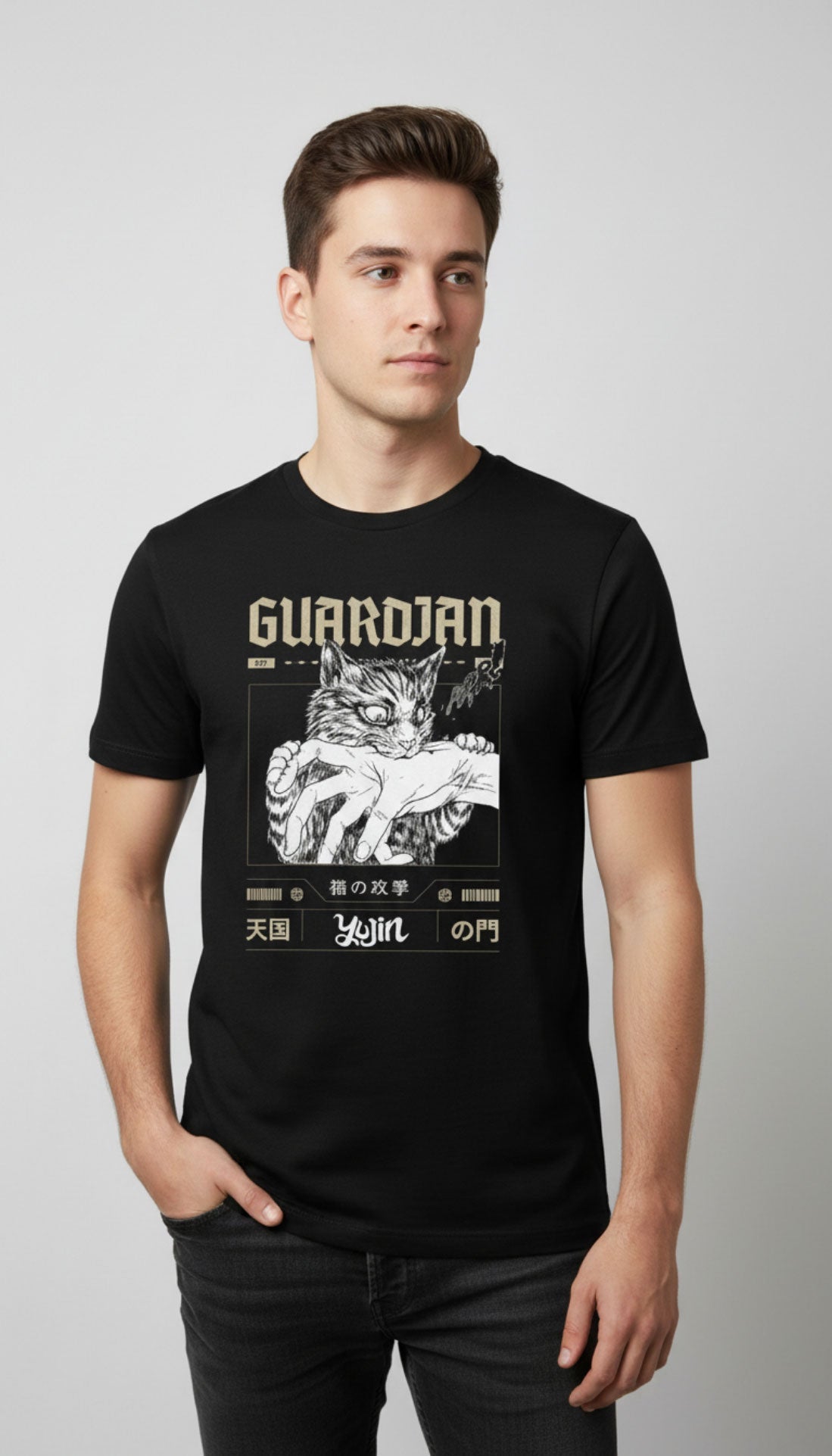 Yūjin Clothing Guardian cat T-shirt featuring a detailed illustrated cat design on soft fabric.