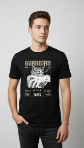 Yūjin Clothing Guardian cat T-shirt featuring a detailed illustrated cat design on soft fabric.