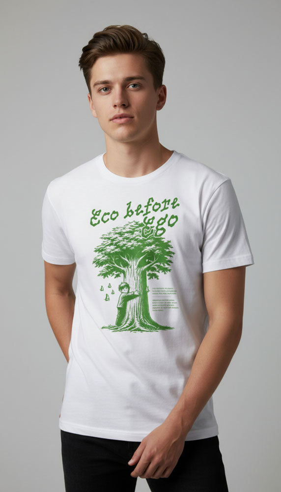 Yūjin Clothing Eco Before Ego T-Shirt in natural fabric, featuring a relaxed fit with eco-friendly design and minimalist style.