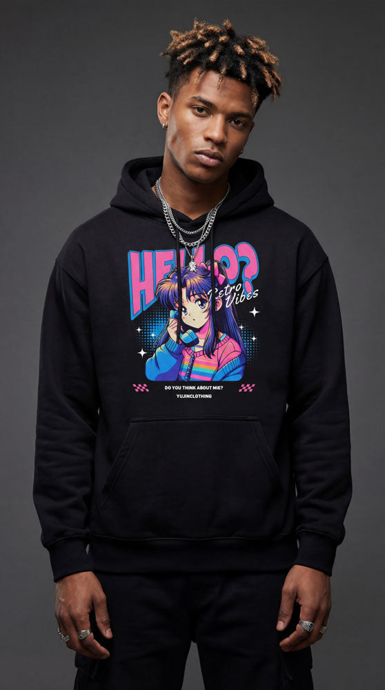 Yūjin Clothing Hello? hoodie featuring a comfortable fit with a stylish design and graphic print on the front.