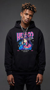 Yūjin Clothing Hello? hoodie featuring a comfortable fit with a stylish design and graphic print on the front.