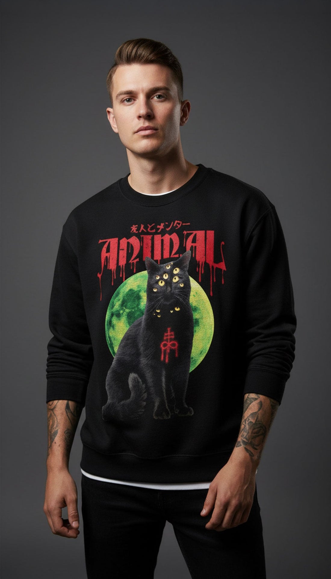 Dark animal sweatshirt by Yūjin Clothing featuring a detailed animal graphic on soft fabric, perfect for casual wear.