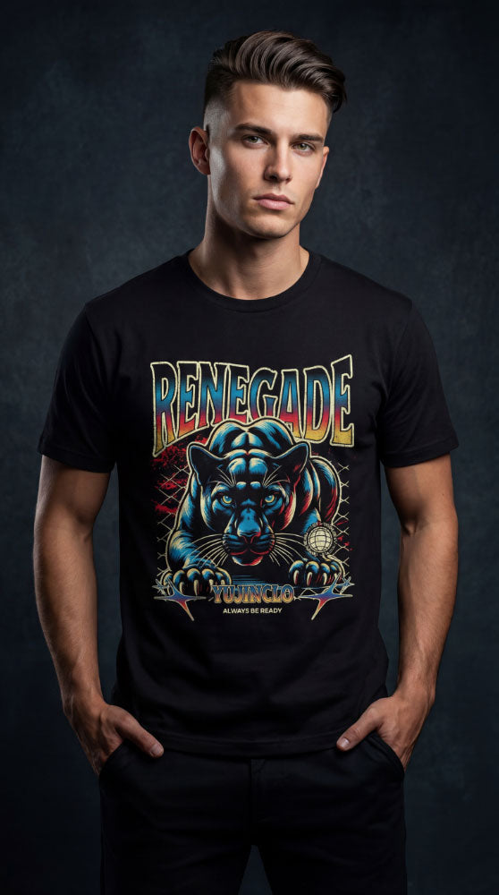 Yūjin Clothing Renegade Cat T-Shirt featuring a graphic of a fierce cat design on a casual black t-shirt.