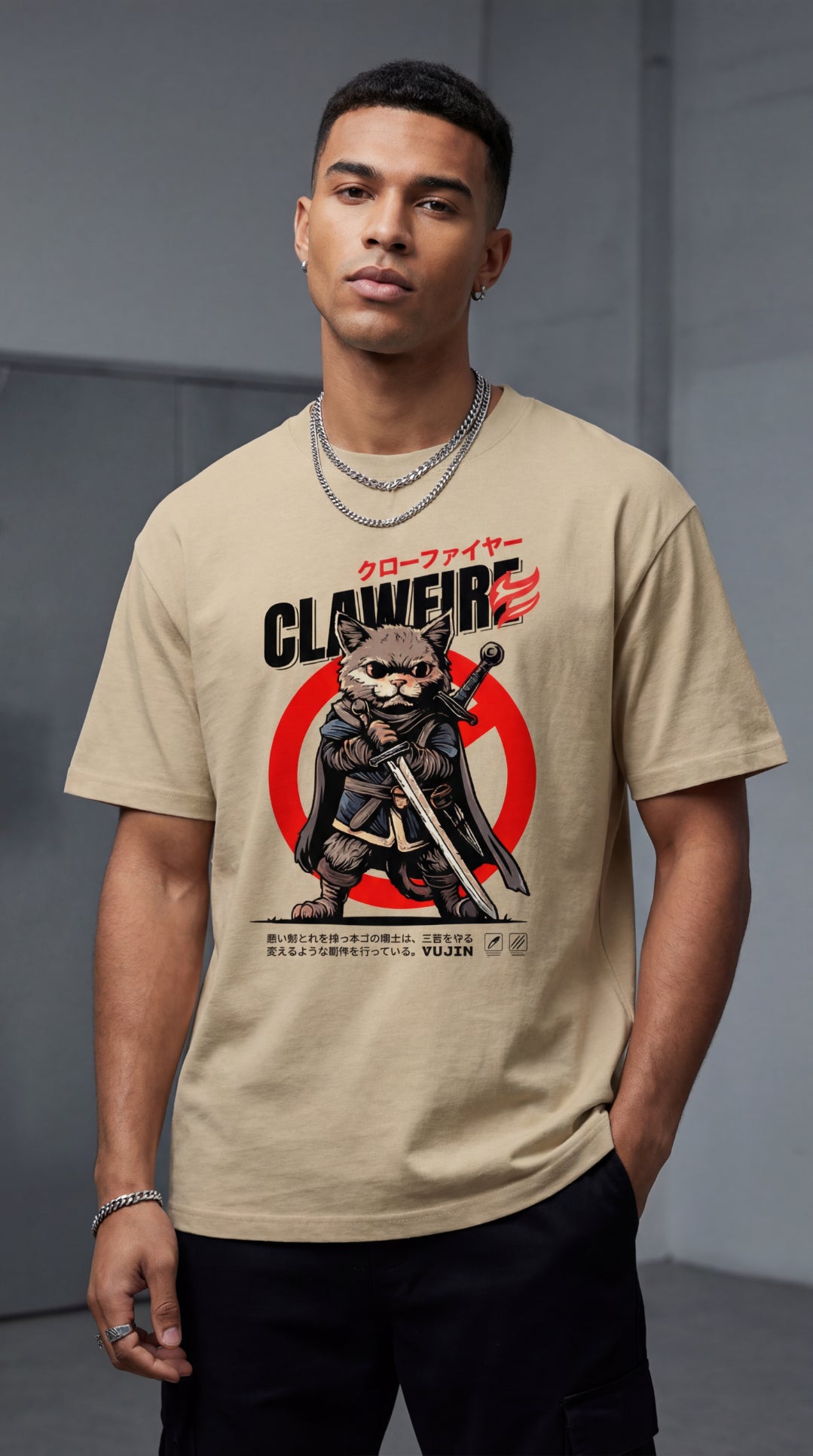 Yūjin Clothing Clawfire Oversized Faded Cat T-Shirt featuring a relaxed fit and a faded cat graphic on soft fabric.