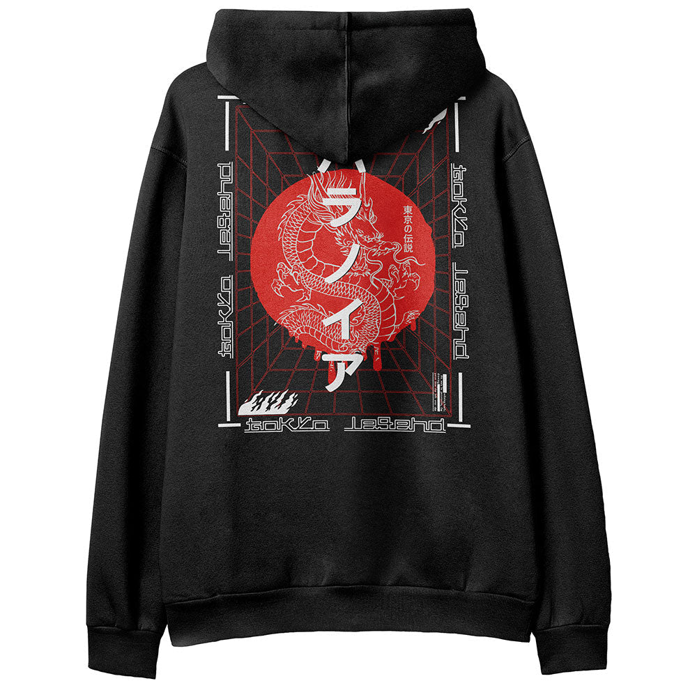 Yūjin Clothing Legend Hoodie in black featuring a front logo print and comfortable cotton fabric.