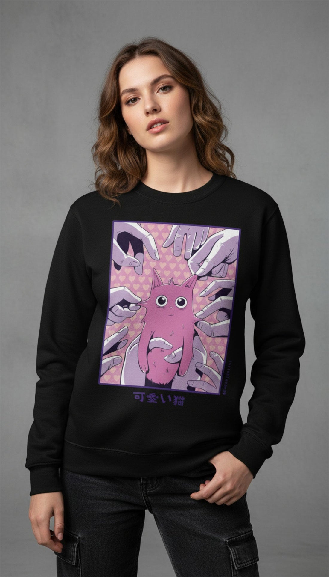 Yūjin Clothing Lovely Cat sweatshirt featuring a cute cat graphic, soft fabric, and comfortable fit for casual wear.