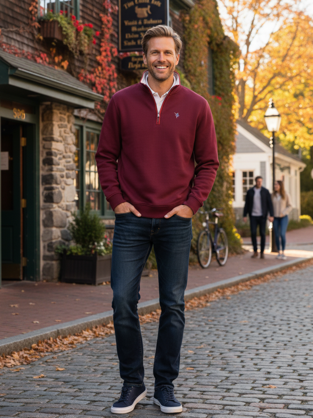 White Water Life Turnberry burgundy quarter zip smooth knit sweater, close-up of the quarter zip detail and soft fabric texture