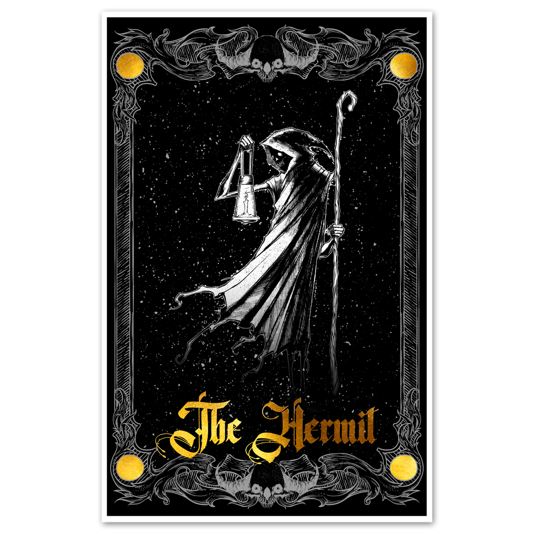 Tarot Hermit Major Arcana poster by Any Means Necessary Clothing featuring detailed Hermit card illustration in 11x17 size.