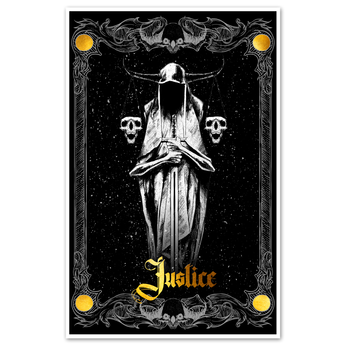 Justice tarot card poster from Major Arcana Prints by Any Means Necessary Clothing, featuring the scales and sword symbols in detailed artwork.