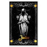 Justice tarot card poster from Major Arcana Prints by Any Means Necessary Clothing, featuring the scales and sword symbols in detailed artwork.