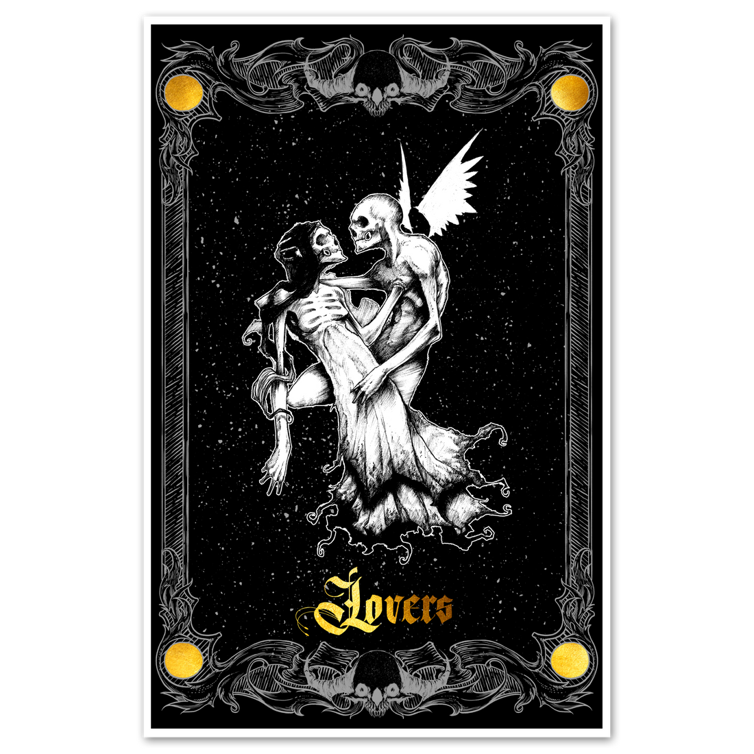 Major Arcana Tarot Lovers poster by Any Means Necessary Clothing featuring intricate 11x17 tarot card artwork.