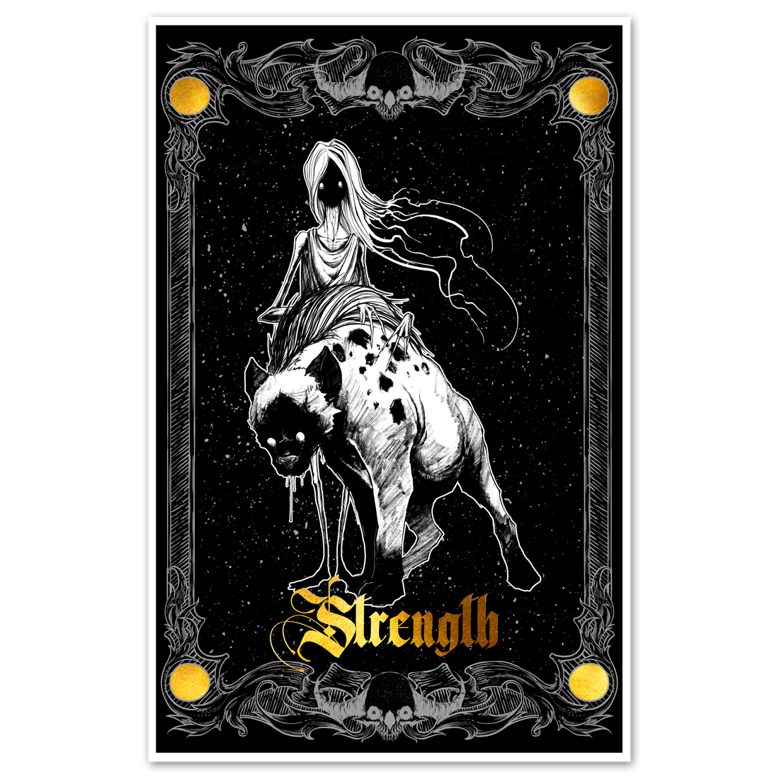 Tarot card Strength print poster featuring a detailed illustration in 11x17 size from Any Means Necessary Clothing.