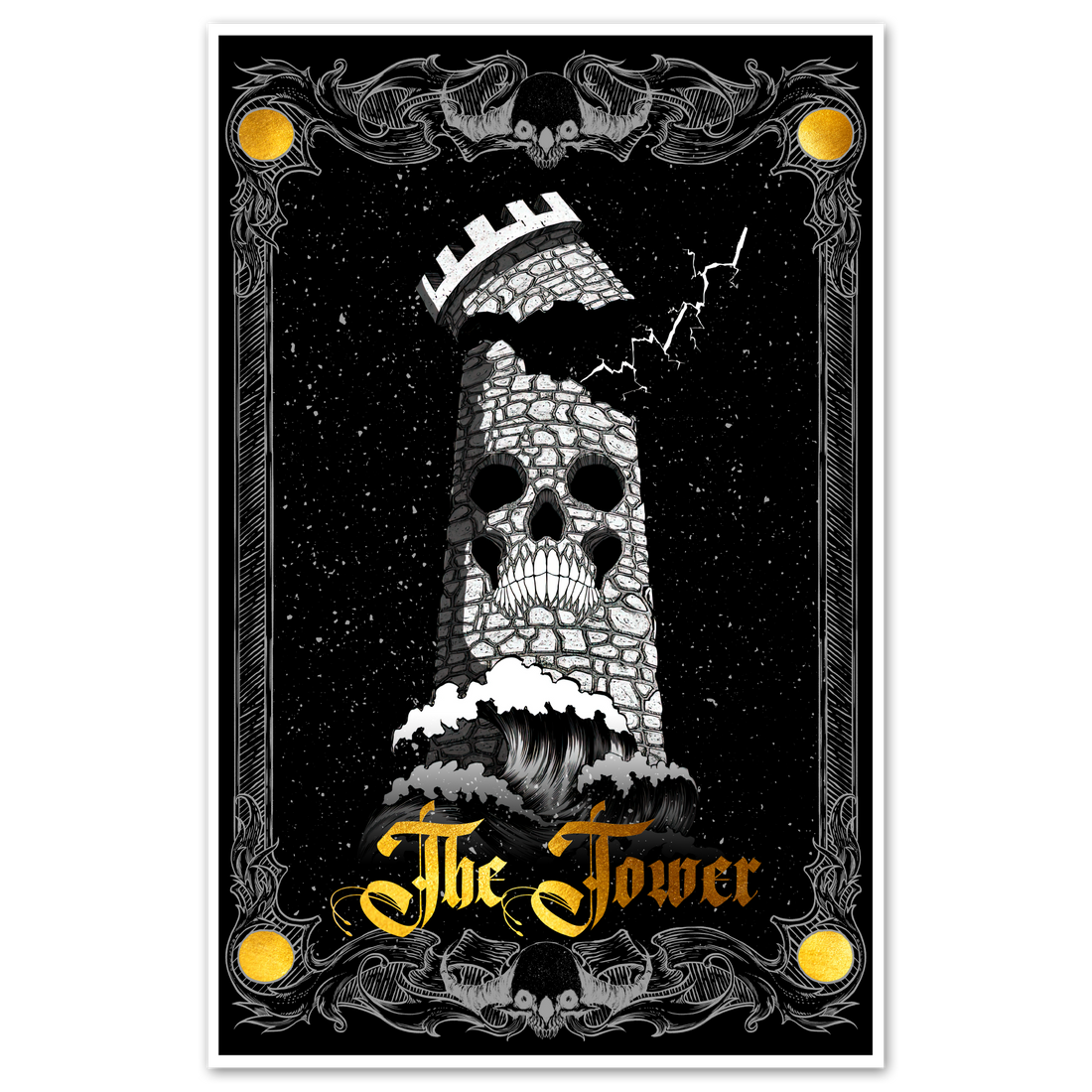 11x17 tarot poster featuring The Tower from the Major Arcana prints by Any Means Necessary Clothing.