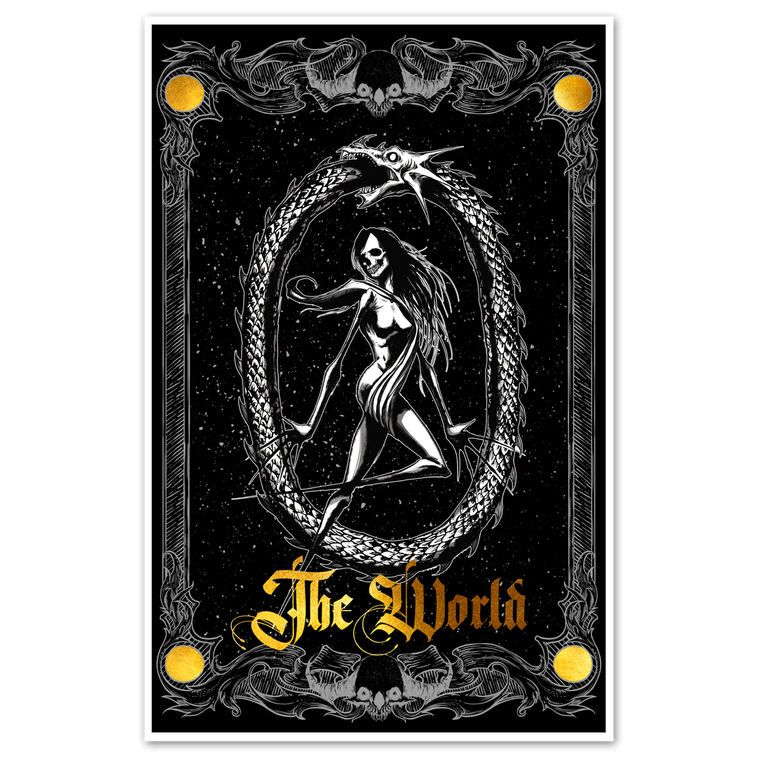 11x17 tarot poster featuring The World Major Arcana card by Any Means Necessary Clothing, detailed illustration on a vibrant background.