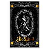 11x17 tarot poster featuring The World Major Arcana card by Any Means Necessary Clothing, detailed illustration on a vibrant background.