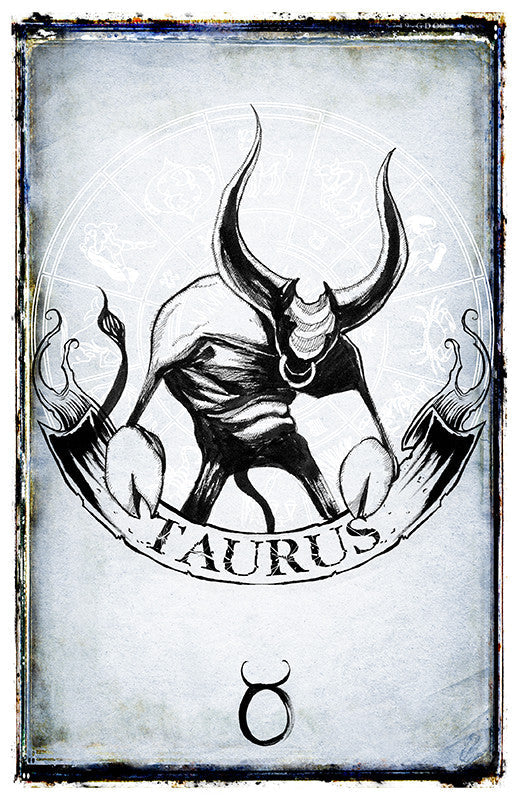 Taurus zodiac poster featuring artwork by Shawn Coss, showcasing detailed illustration of the Taurus symbol and imagery.