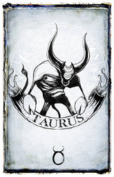 Taurus zodiac poster featuring artwork by Shawn Coss, showcasing detailed illustration of the Taurus symbol and imagery.