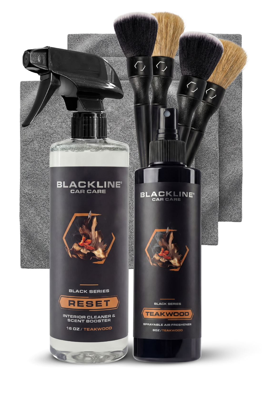 Blackline Car Care BLACKLINE 8oz Teakwood Air Freshener for cars, featuring a sleek bottle with a black cap and teal label.