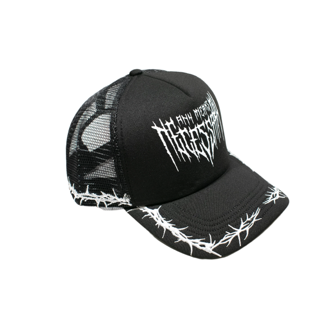 Black Thorns Trucker Hat from Any Means Necessary Clothing featuring a structured cap with mesh back and thorn design.