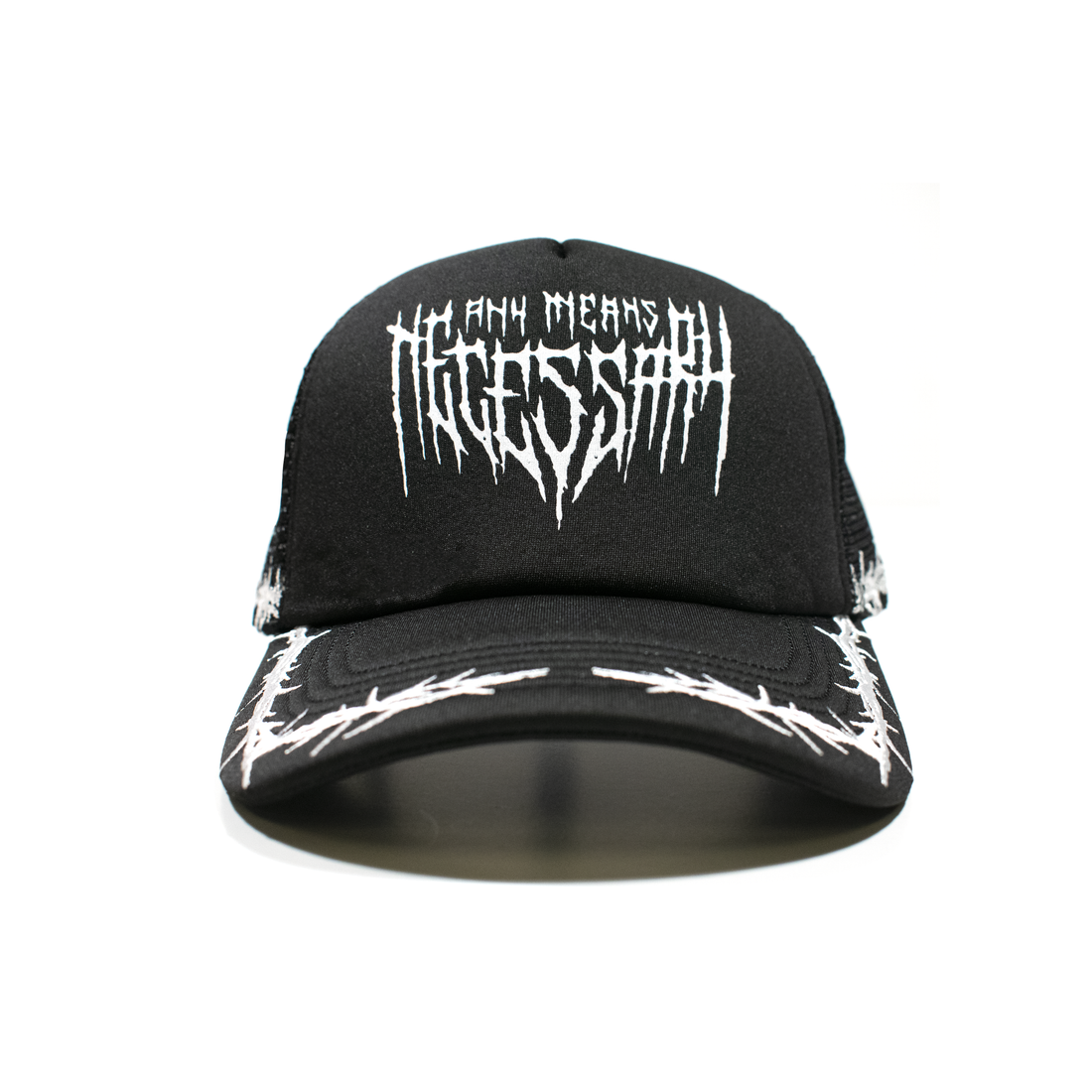 Black Thorns Trucker Hat by Any Means Necessary Clothing featuring a front graphic and adjustable mesh back.