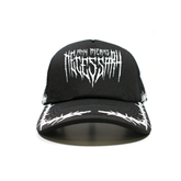 Black Thorns Trucker Hat by Any Means Necessary Clothing featuring a front graphic and adjustable mesh back.