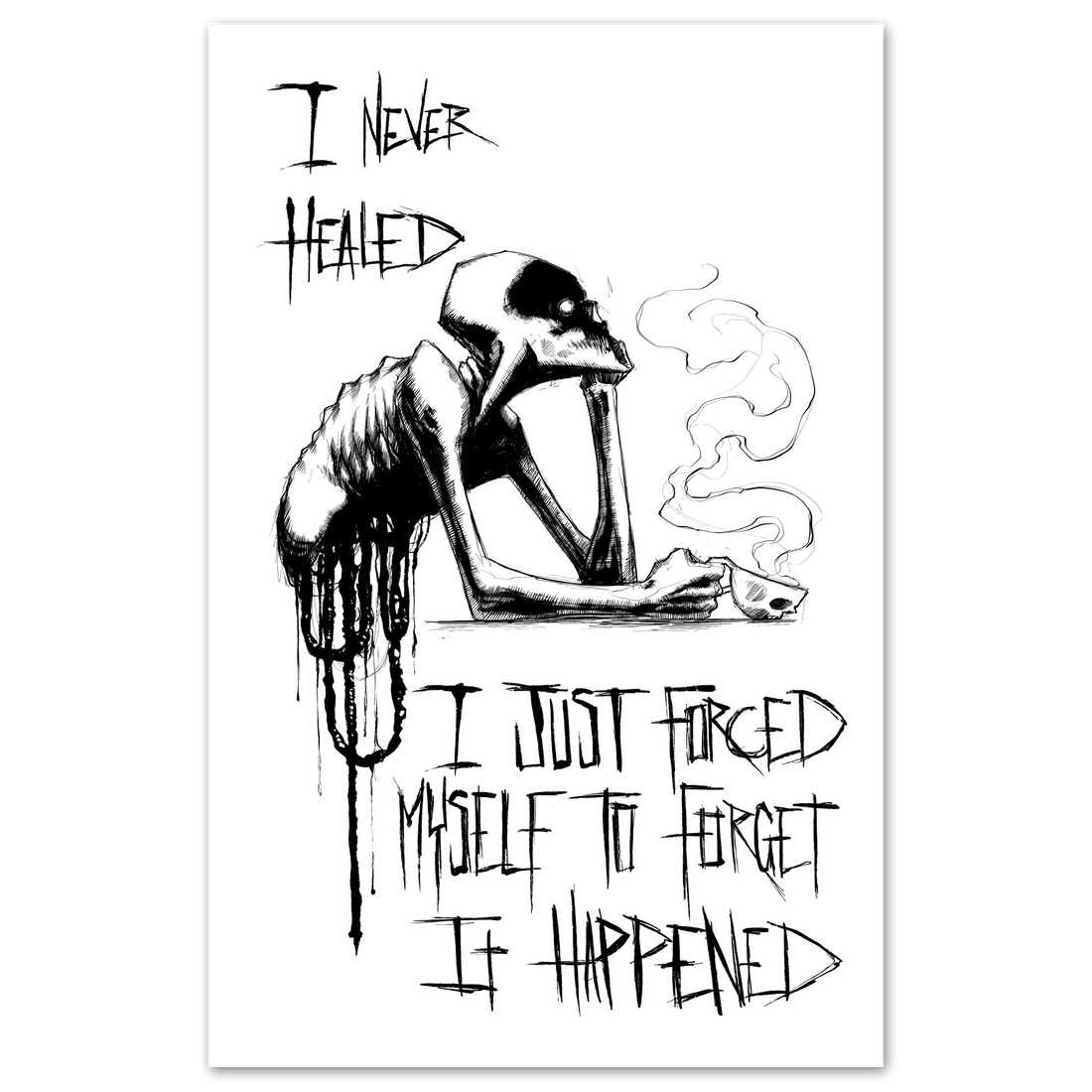 To Forget print poster by Any Means Necessary Clothing featuring bold, artistic design on 11x17 inch paper.