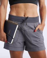 Black Triple V womens athletic training shorts by Goal Five with a front view, stretchy fabric, and sleek design.