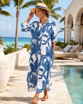 Tropical palm leaf print button-down midi dress by Fitkitty Culture, perfect for resort and spring wear, casual and stylish.