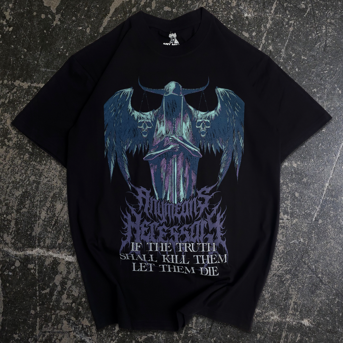 Black Truth Shall Kill T-shirt from Any Means Necessary Clothing with bold graphic text on the front.