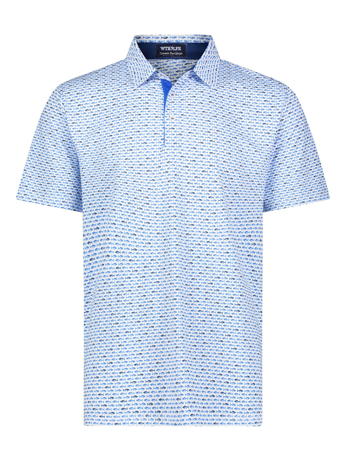 Light blue navy Tuna Performance Polo by White Water Life, showing the polo shirt with a classic collar and subtle logo details.