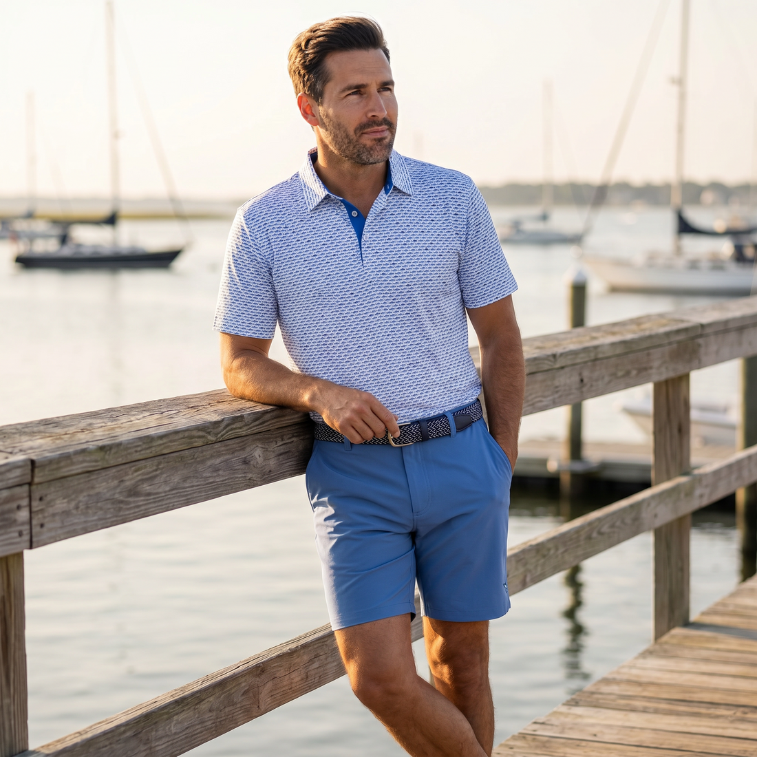 Light blue and navy Tuna Performance Polo by White Water Life, featuring a classic fit and breathable fabric, displayed on a hanger.