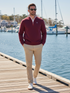 White Water Life Turnberry quarter zip in burgundy and tan, smooth knit fabric, with a classic collar and full-length zipper.