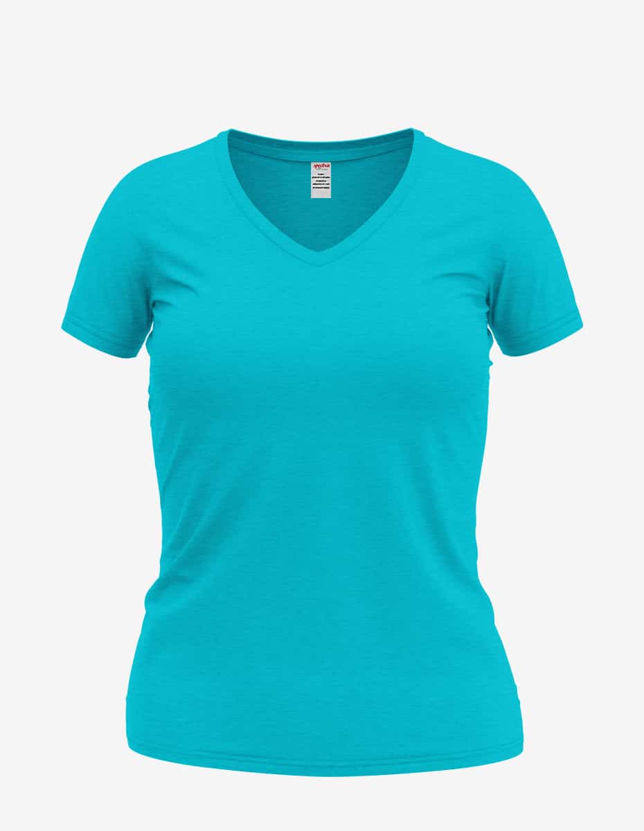 Women’s turquoise heather Wonder V-Neck 8650 t-shirt by SpectraUSA, front view showing neckline and fabric texture.