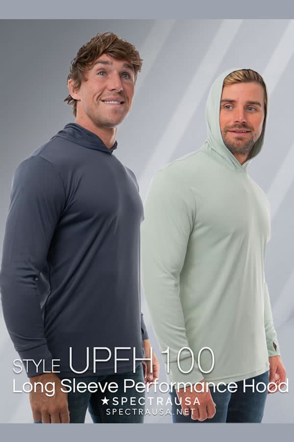 SpectraUSA UPF 50 performance long sleeve hoodie, lightweight and sun-protective, shown in a casual outdoor setting.