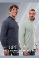 SpectraUSA UPF 50 performance long sleeve hoodie, lightweight and sun-protective, shown in a casual outdoor setting.